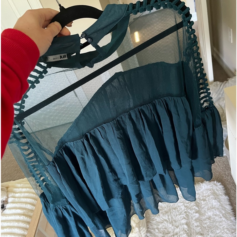 Ina Teal Ruffled Sheer Yoke Blouse - Picture 5 of 7